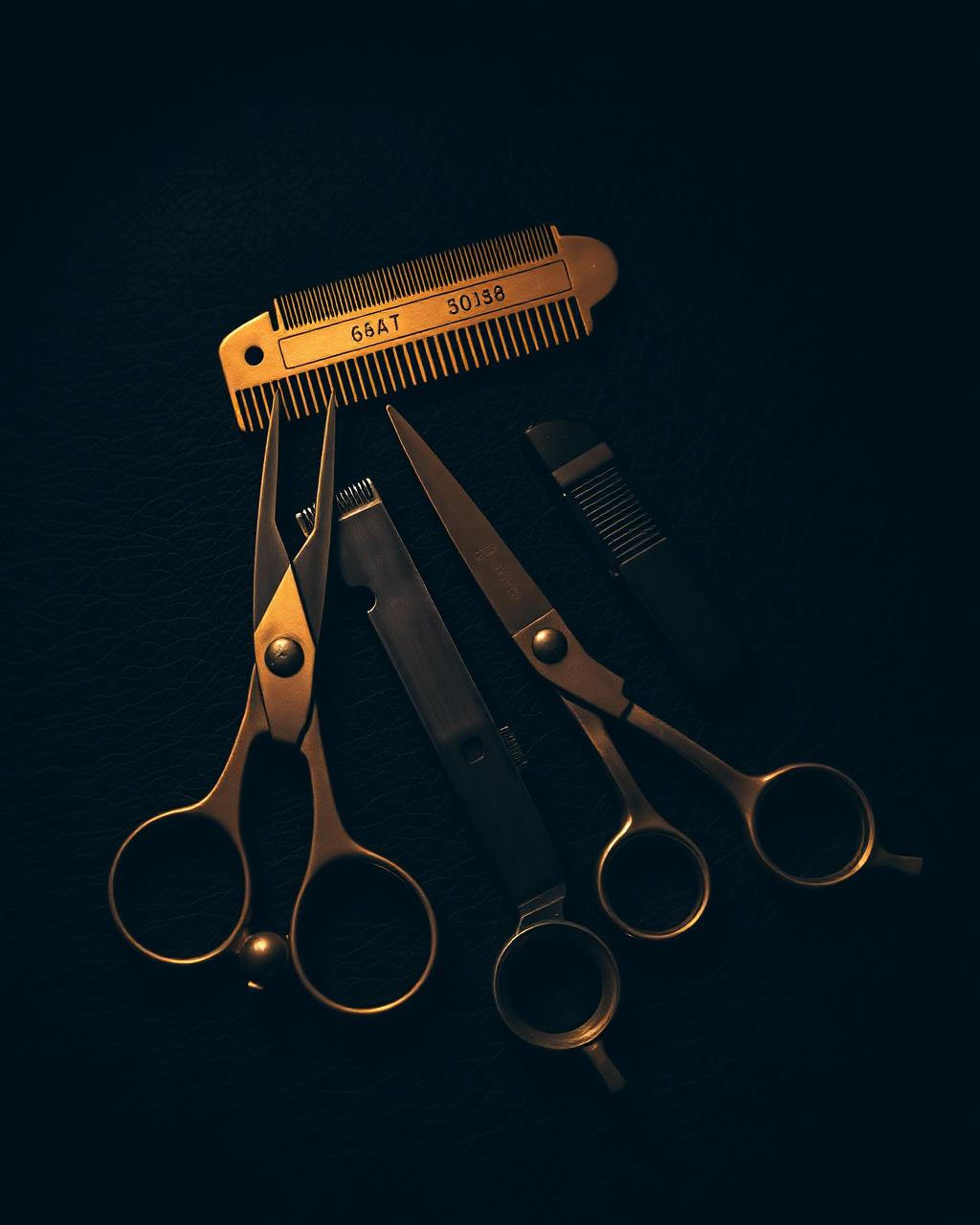 Barber tools laid out on leather